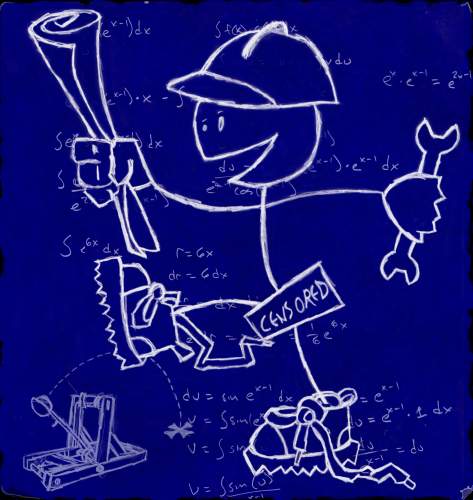 stickfigure guy holding plans to rebuild site